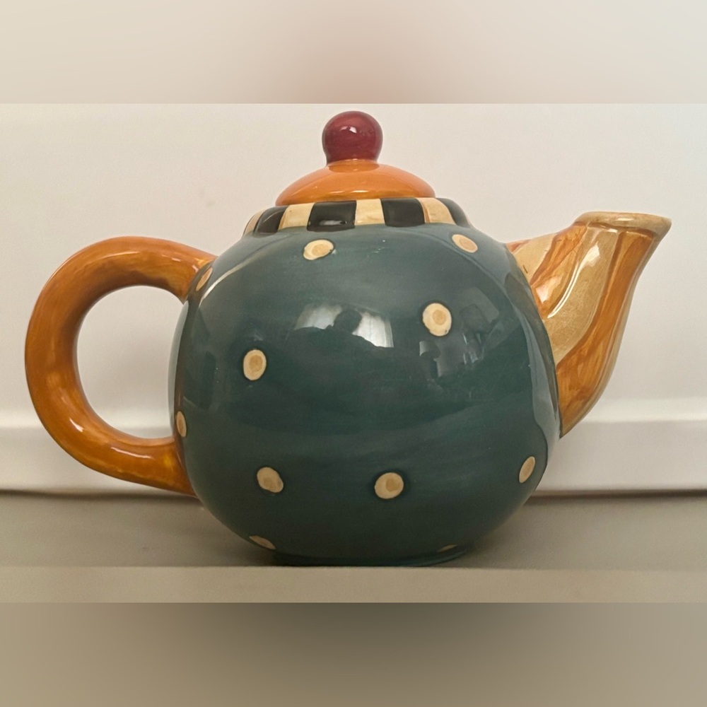 1998 Debbie Mumm Sakura Teapot Ceramic Blue Yellow Polka Dot